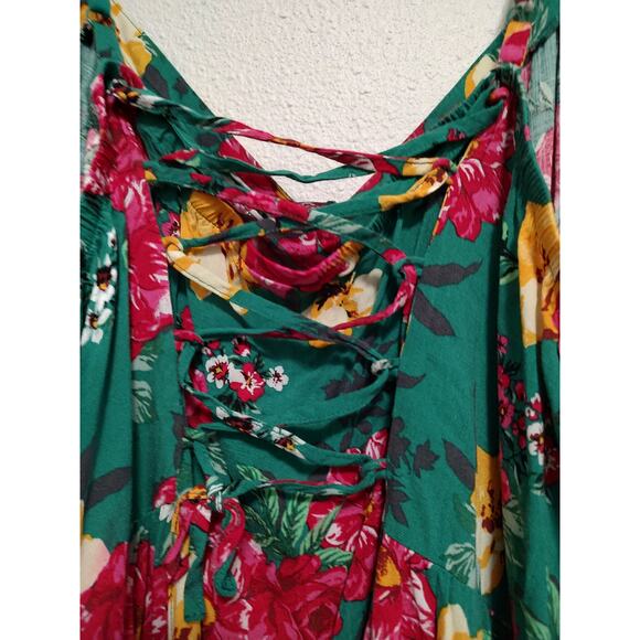 Torrid Green Red Yellow Floral Lace Up Fit & Flare Tank Blouse Size 6 - Picture 4 of 9